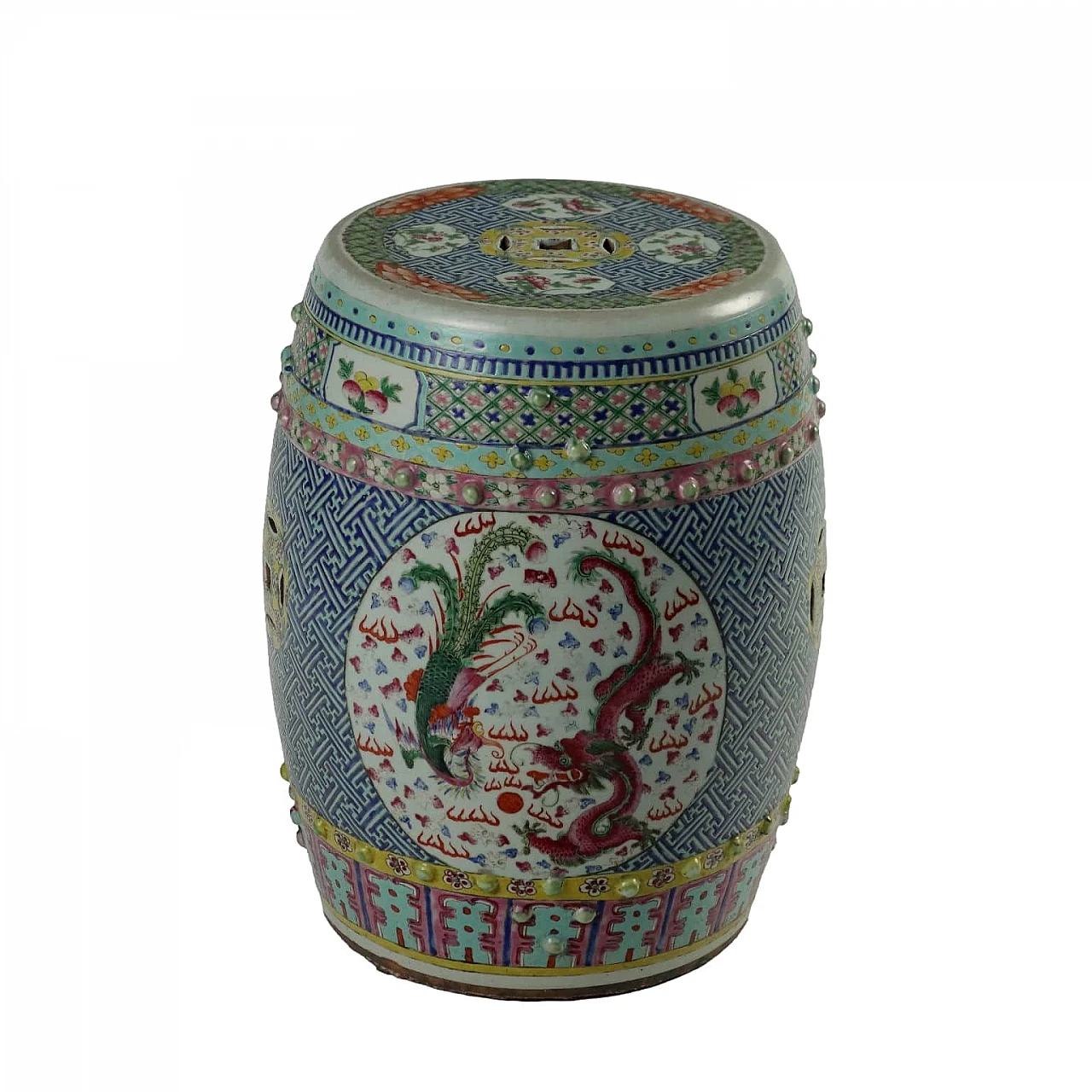 Sgabello in porcellana decorato con drago e fenice, '800 1