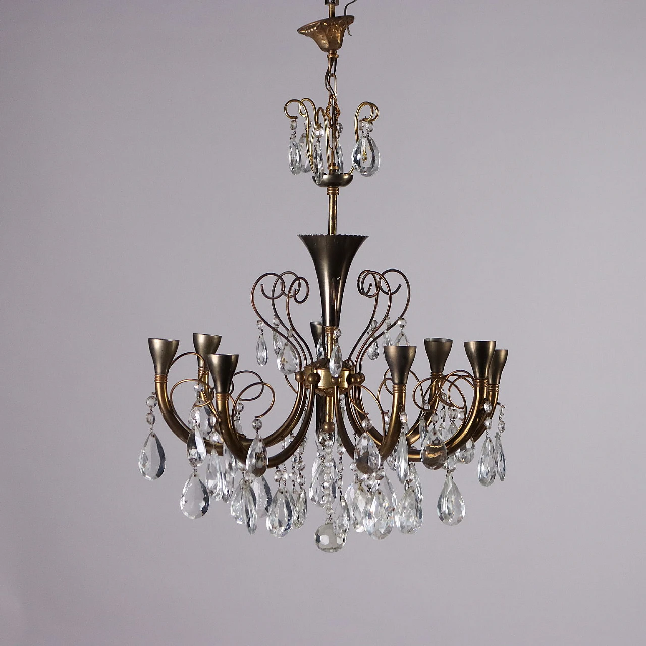 Eight-light brass and crystal chandelier, 1930s 1
