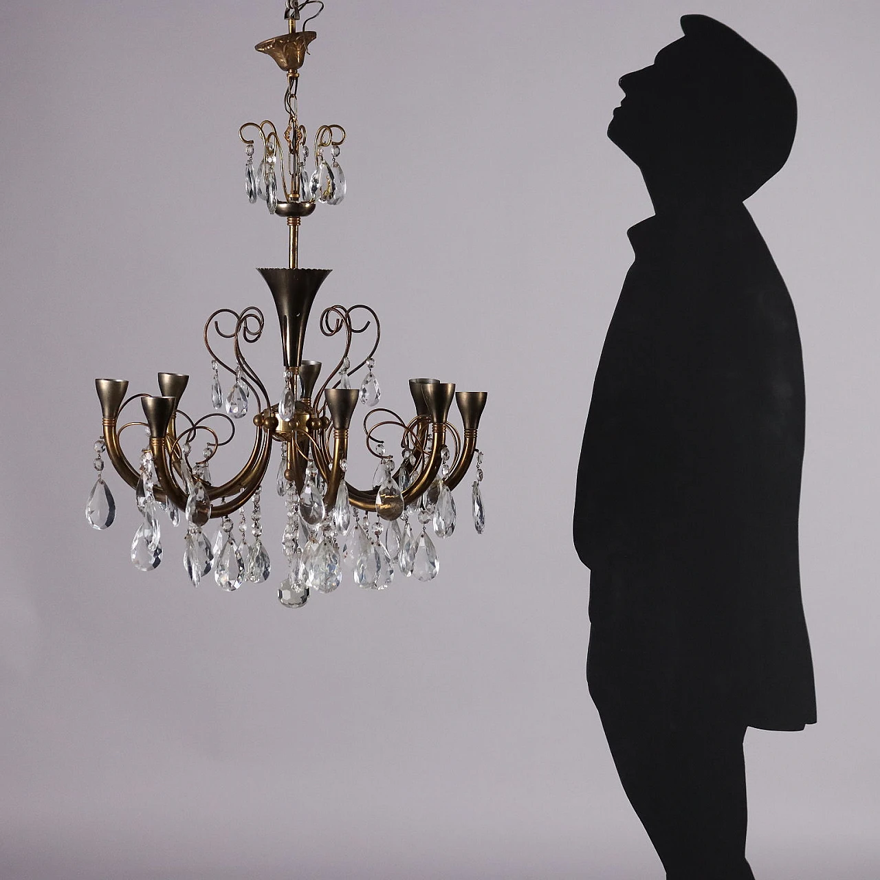 Eight-light brass and crystal chandelier, 1930s 2