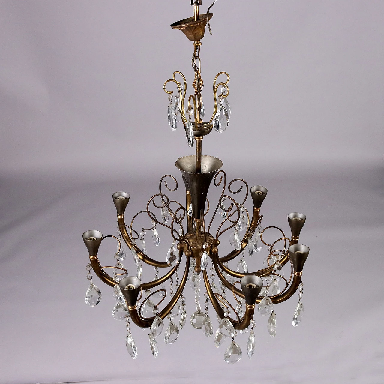 Eight-light brass and crystal chandelier, 1930s 3