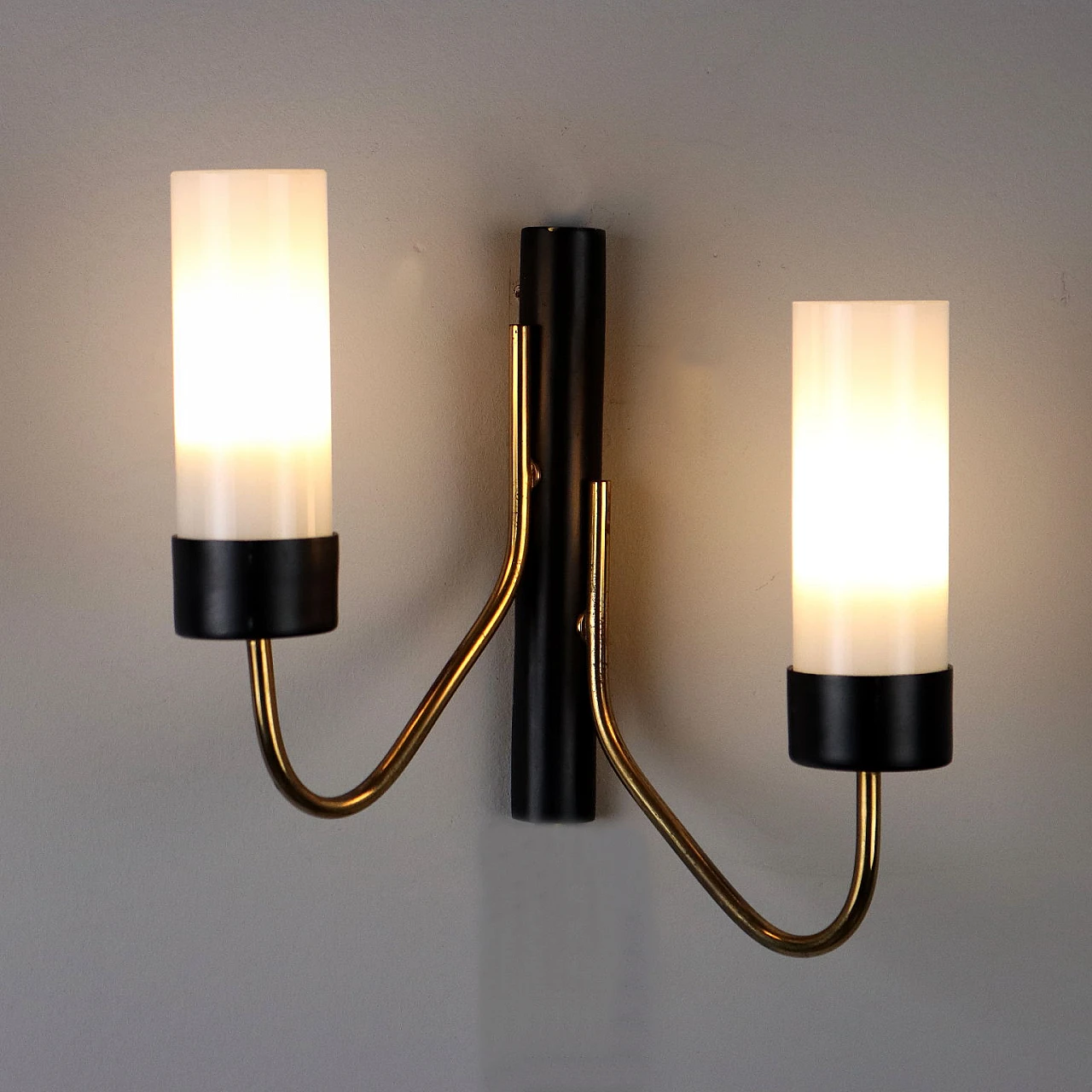 Two-light wall light with black painted metal frame, 1950s 1