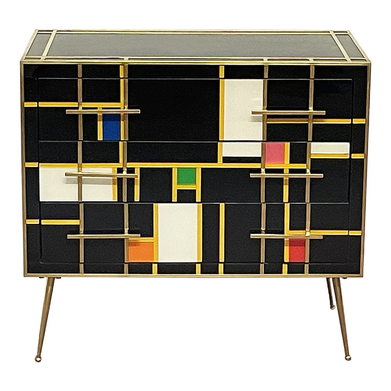 Comò in legno e in vetro nero & multicolore, anni '80 1