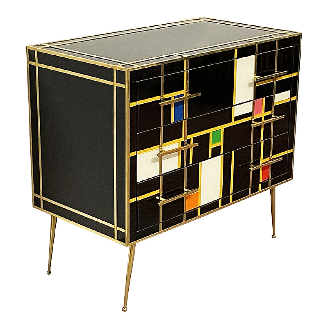 Comò in legno e in vetro nero & multicolore, anni '80 3