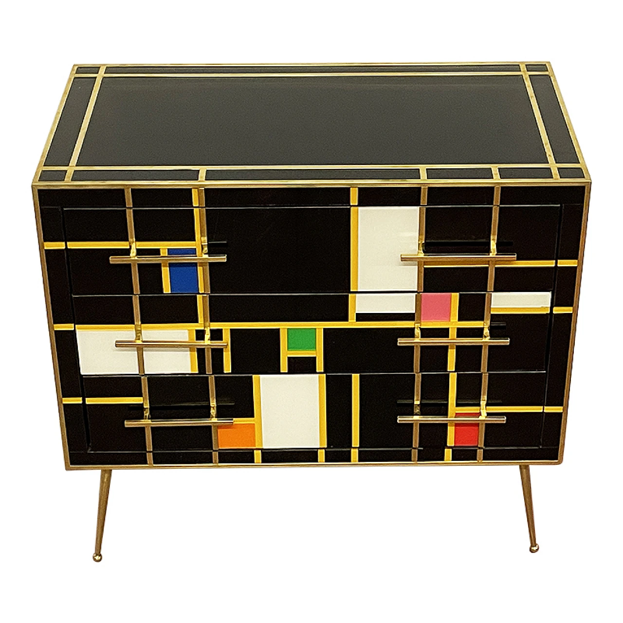 Comò in legno e in vetro nero & multicolore, anni '80 4