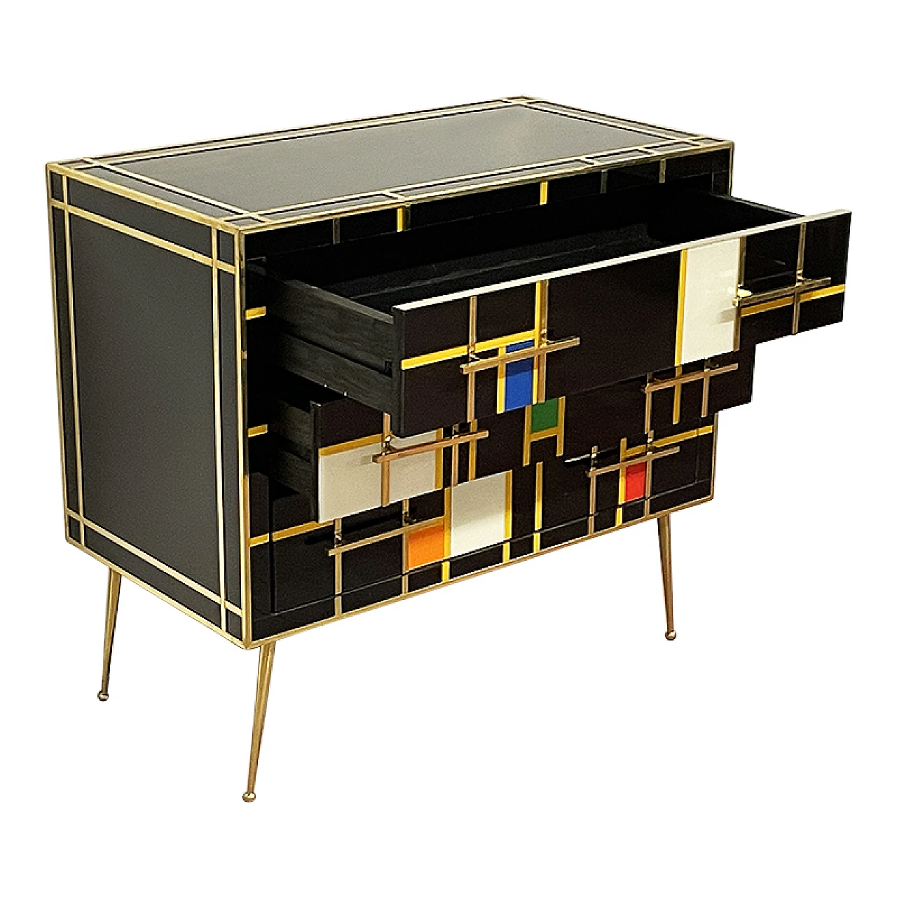 Comò in legno e in vetro nero & multicolore, anni '80 6