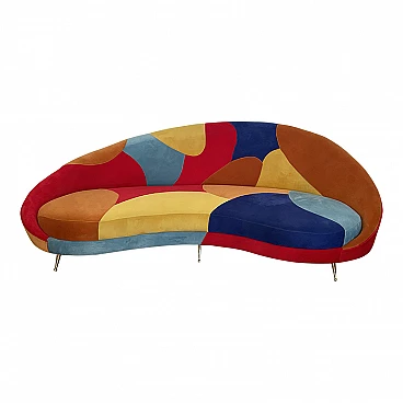 Curved 3-seater sofa with patchwork fabric and cushions, 1990s