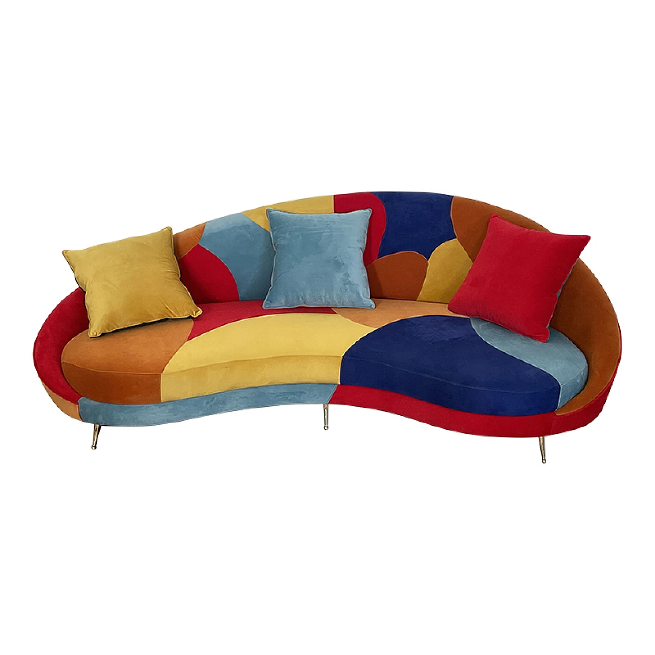 Curved 3-seater sofa with patchwork fabric and cushions, 1990s 6