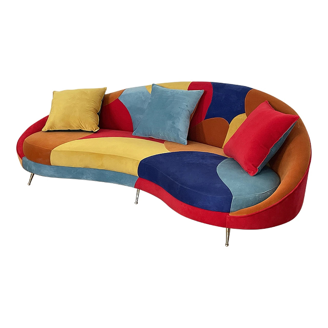 Curved 3-seater sofa with patchwork fabric and cushions, 1990s 7