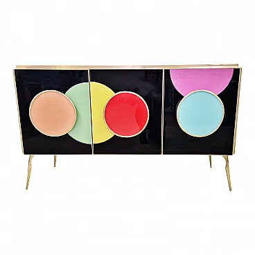 Sideboard with three black glass doors and circular inserts, 1980s