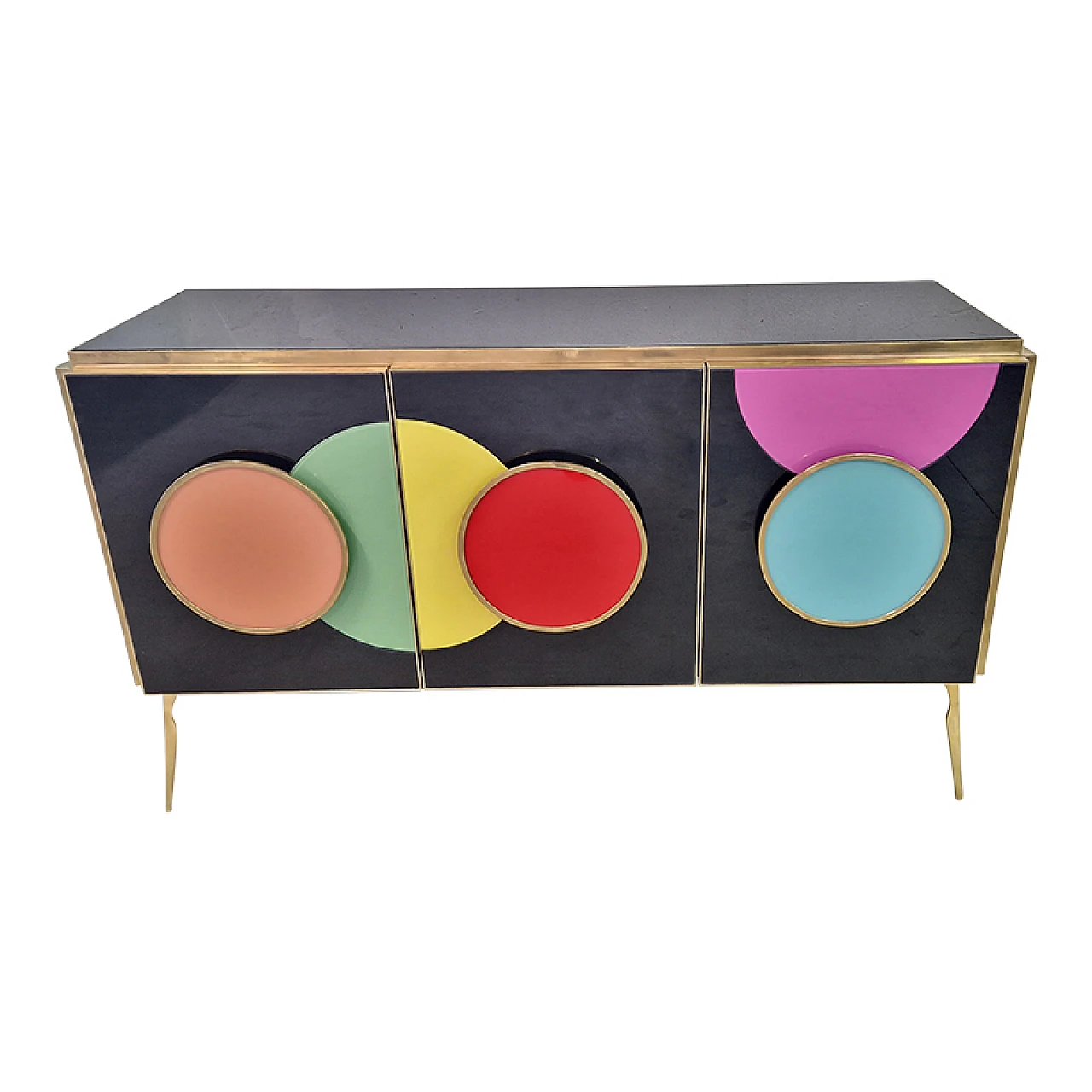Sideboard with three black glass doors and circular inserts, 1980s 2