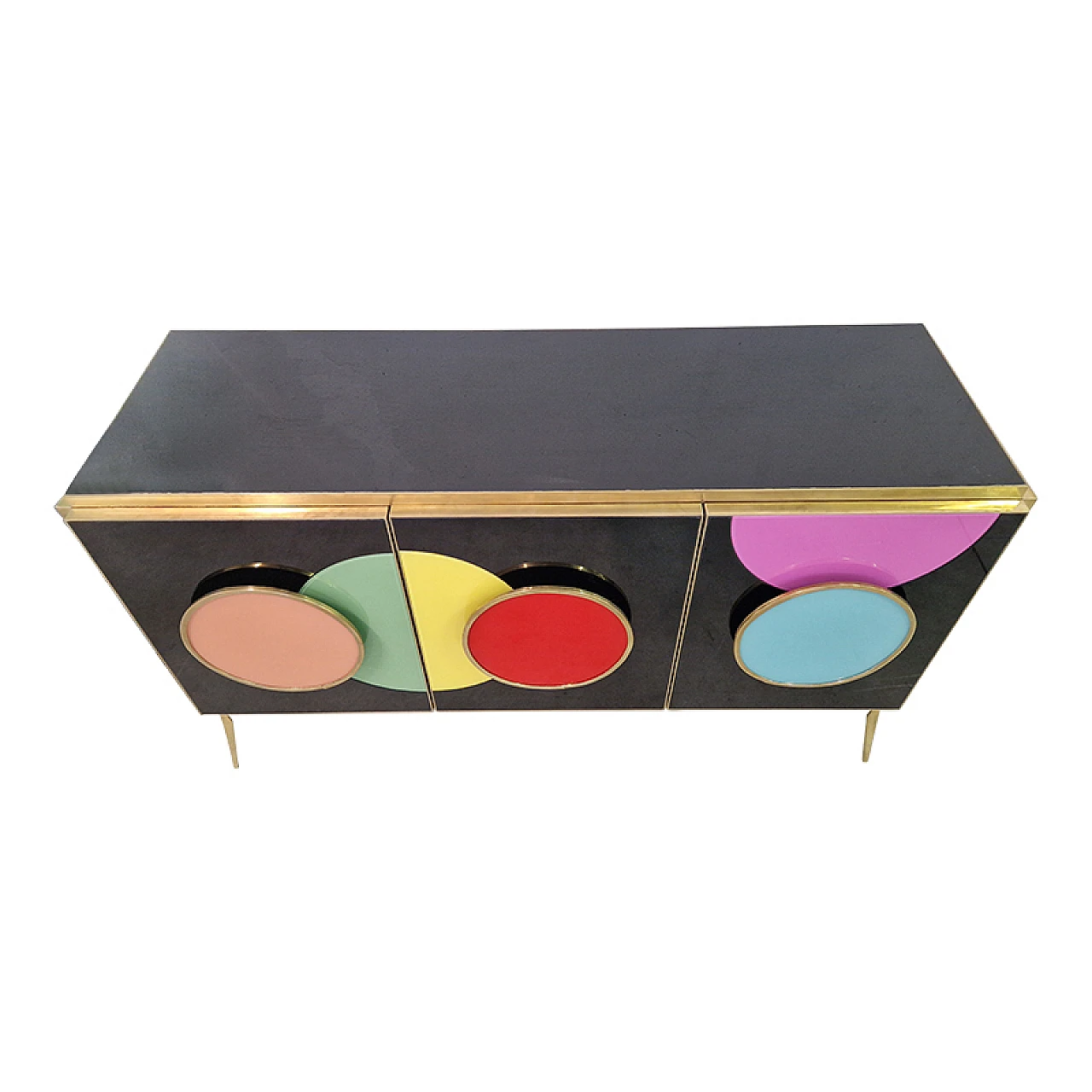 Sideboard with three black glass doors and circular inserts, 1980s 3