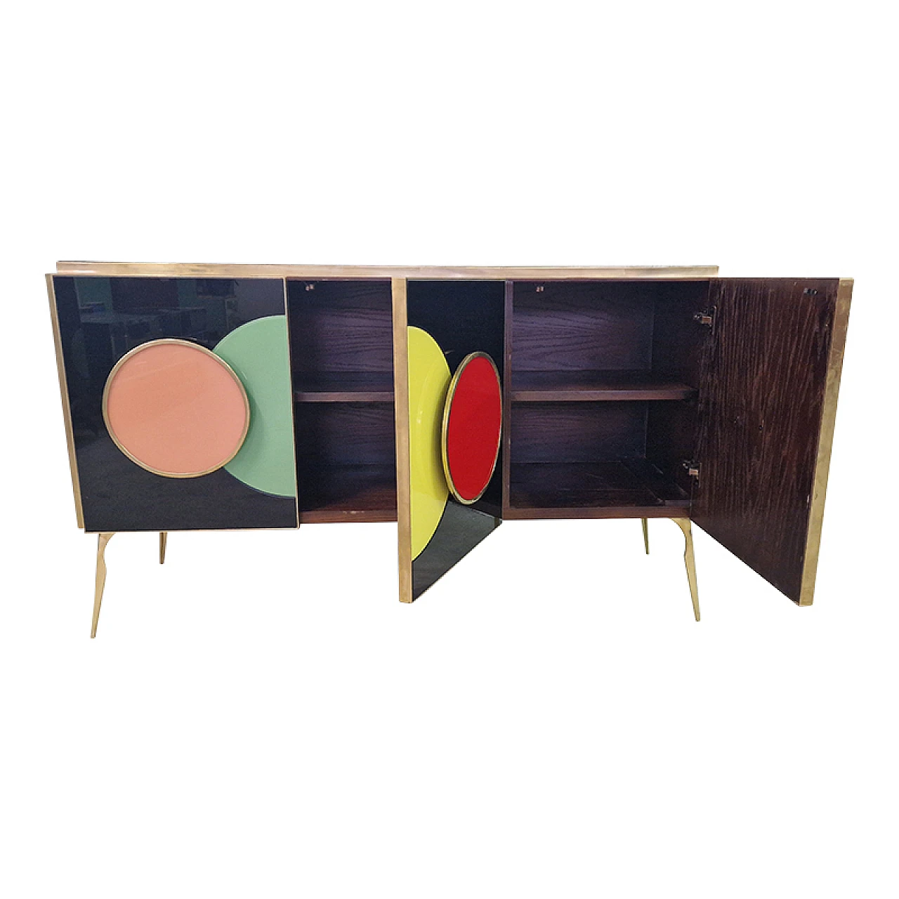 Sideboard with three black glass doors and circular inserts, 1980s 5