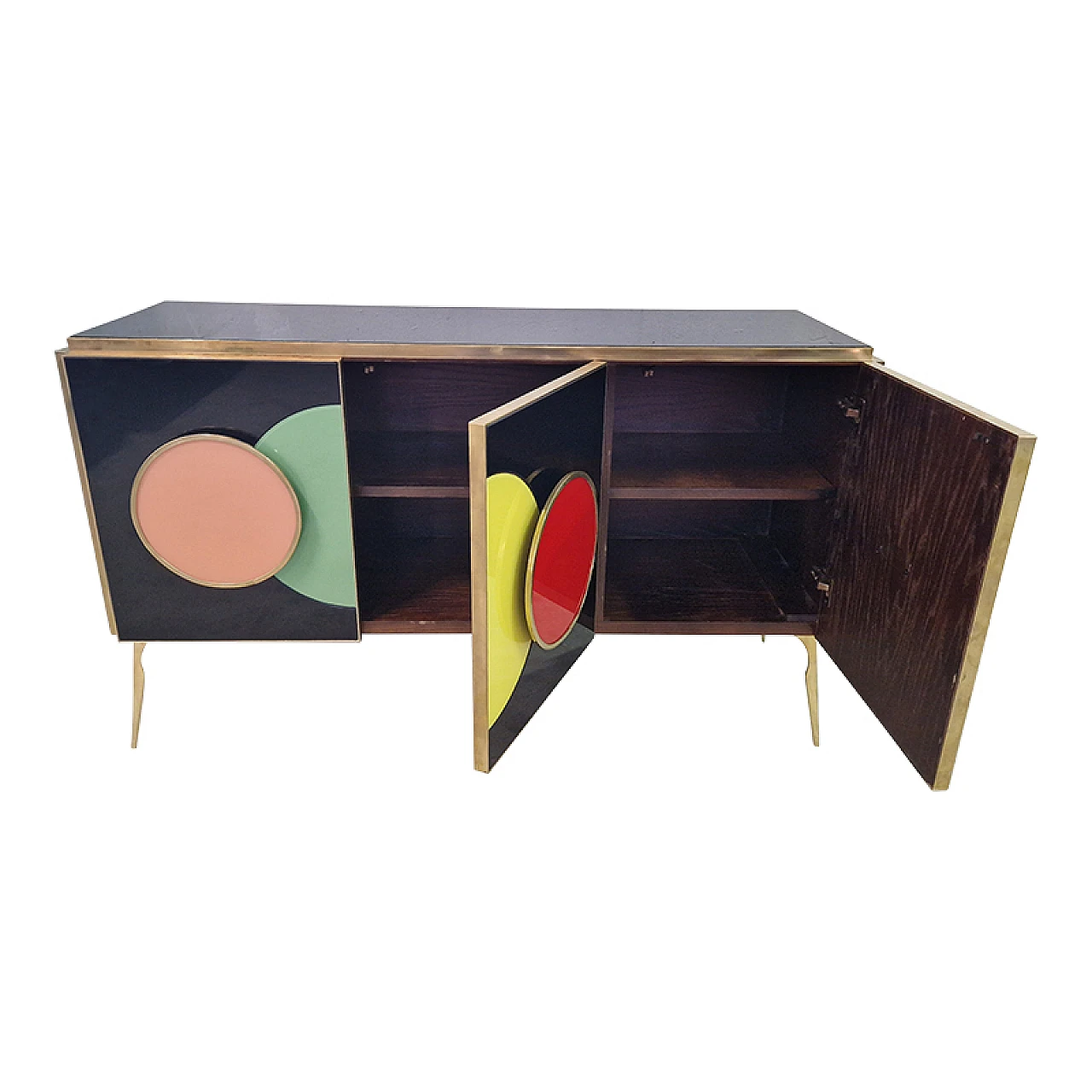Sideboard with three black glass doors and circular inserts, 1980s 6