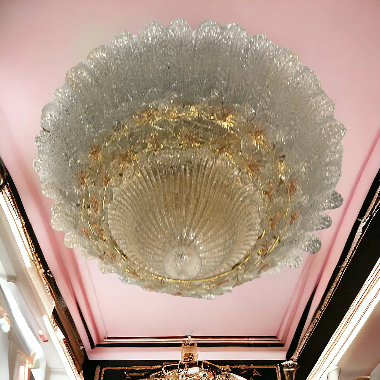 Murano glass ceiling lamp with flowers decor by Barovier & Toso, 1970s 2
