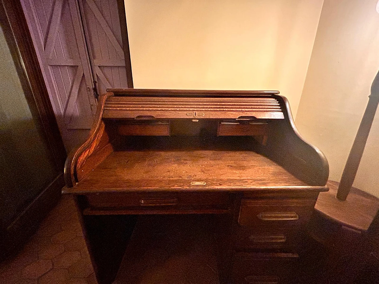 Oak desk with drop-down storage compartment, 1920s 3
