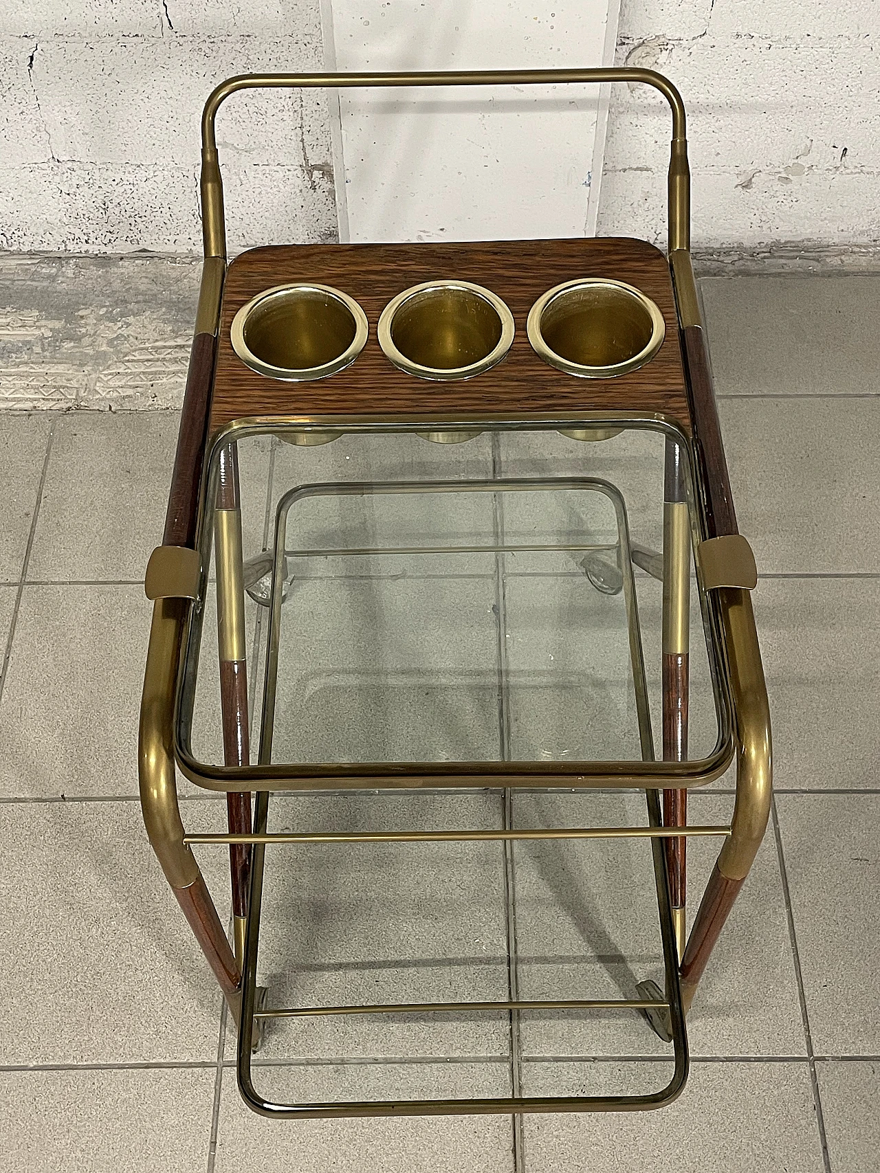 Bar cart in glass, wood and brass, 1950s 14