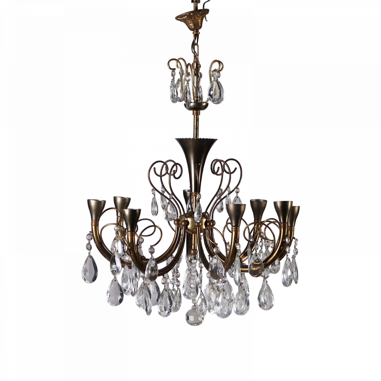 Eight-light brass and crystal chandelier, 1930s 11