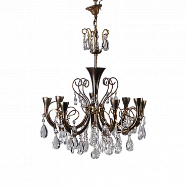 Eight-light brass and crystal chandelier, 1930s