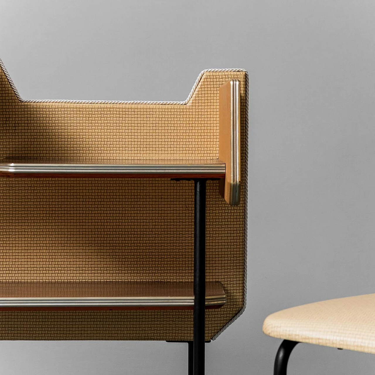 Pair of chairs with wood and metal console, 1960s 6