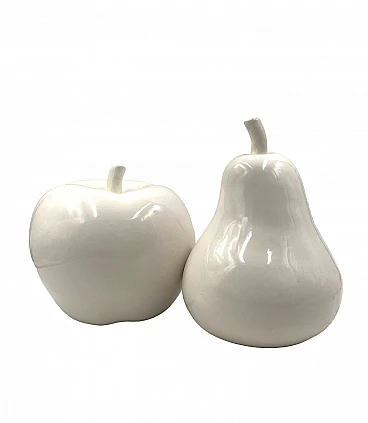 White ceramic apple & pear sculptures, 1980s