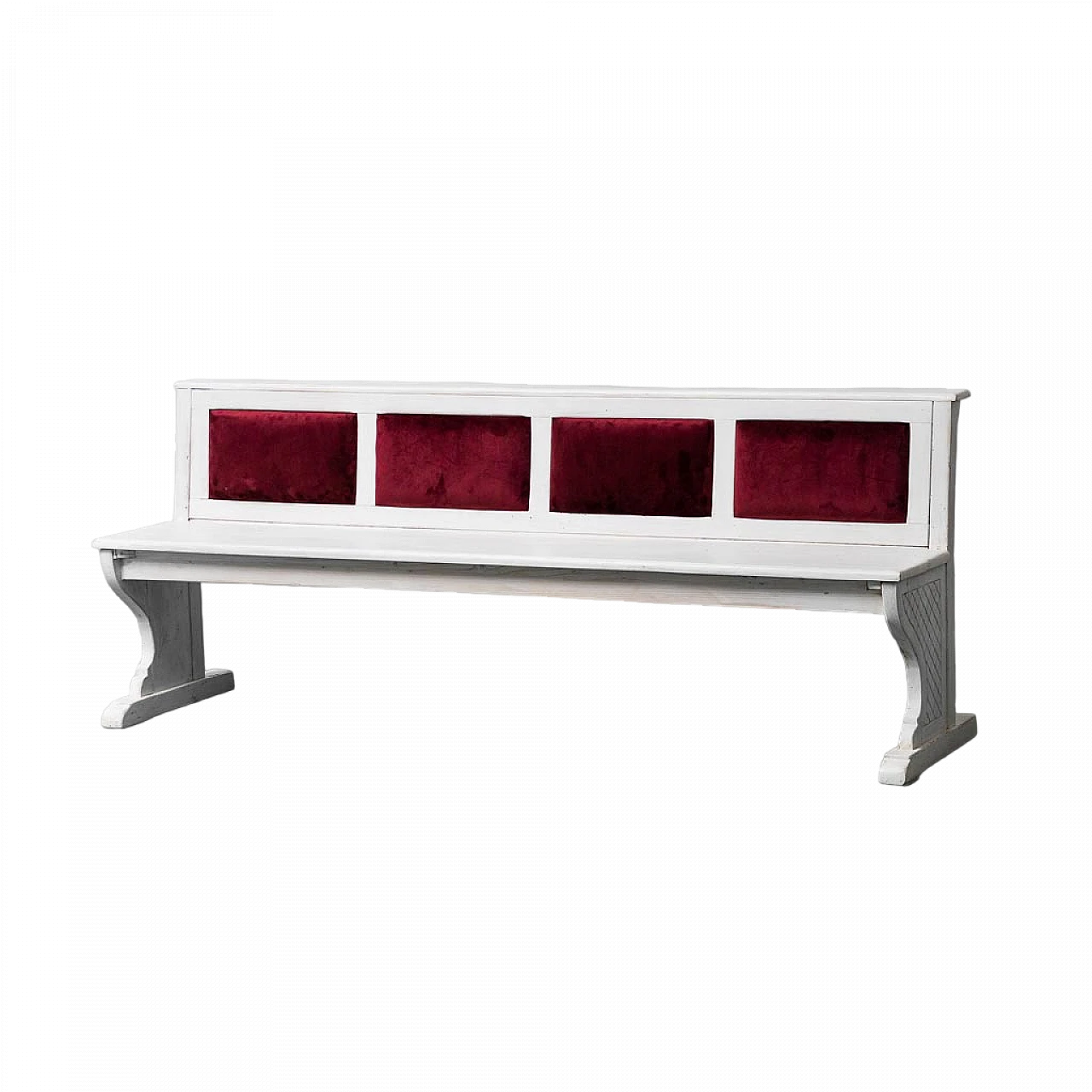 Wood and burgundy velvet bench, 1950s 12