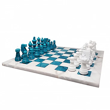 White and turquoise Volterra alabaster chessboard, 1970s