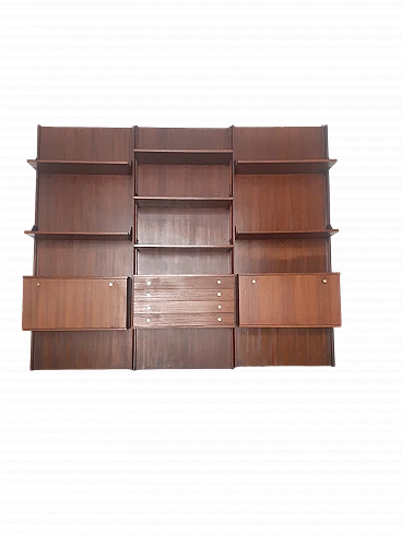 Modular wall bookcase in rosewood and brass, 1960s