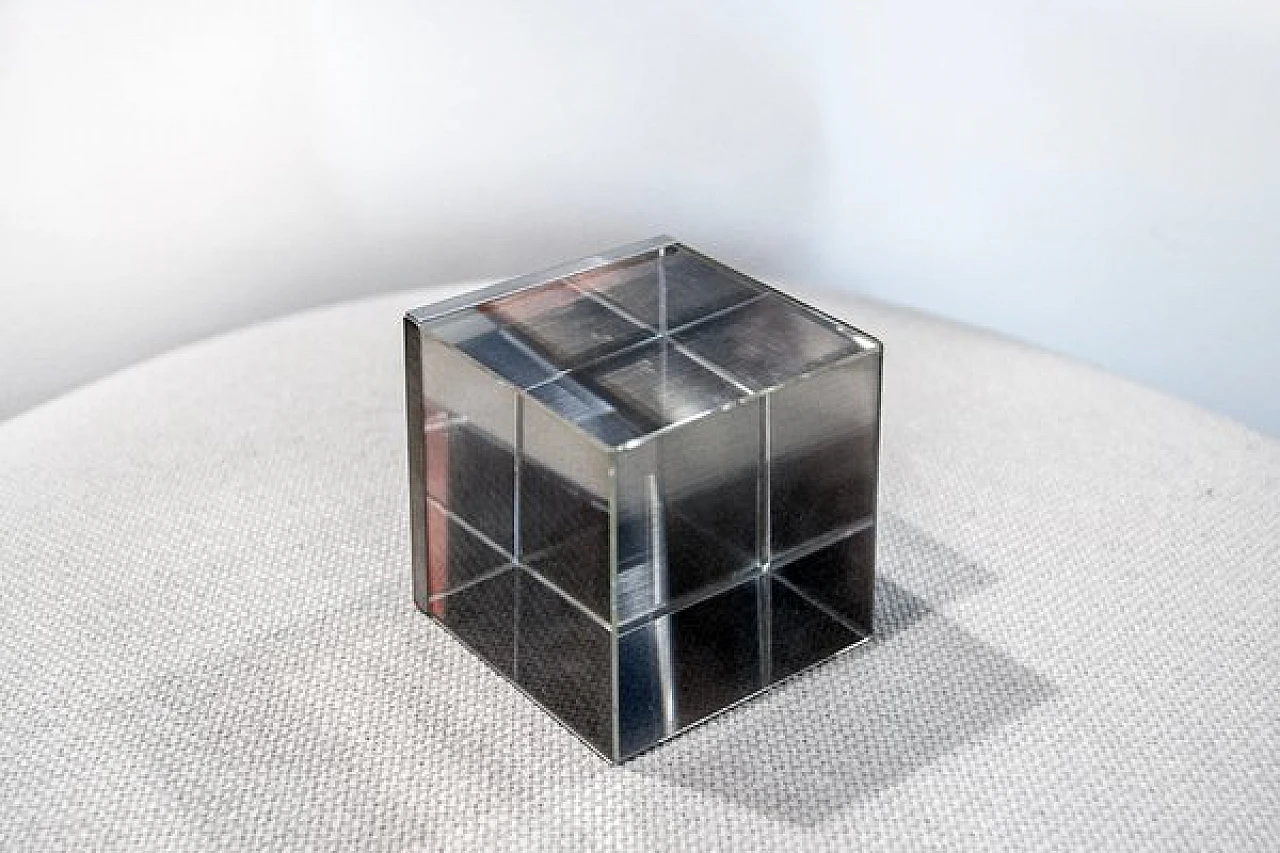 Cubic glass and steel paperweight by Bob Cornell, 1970s 1