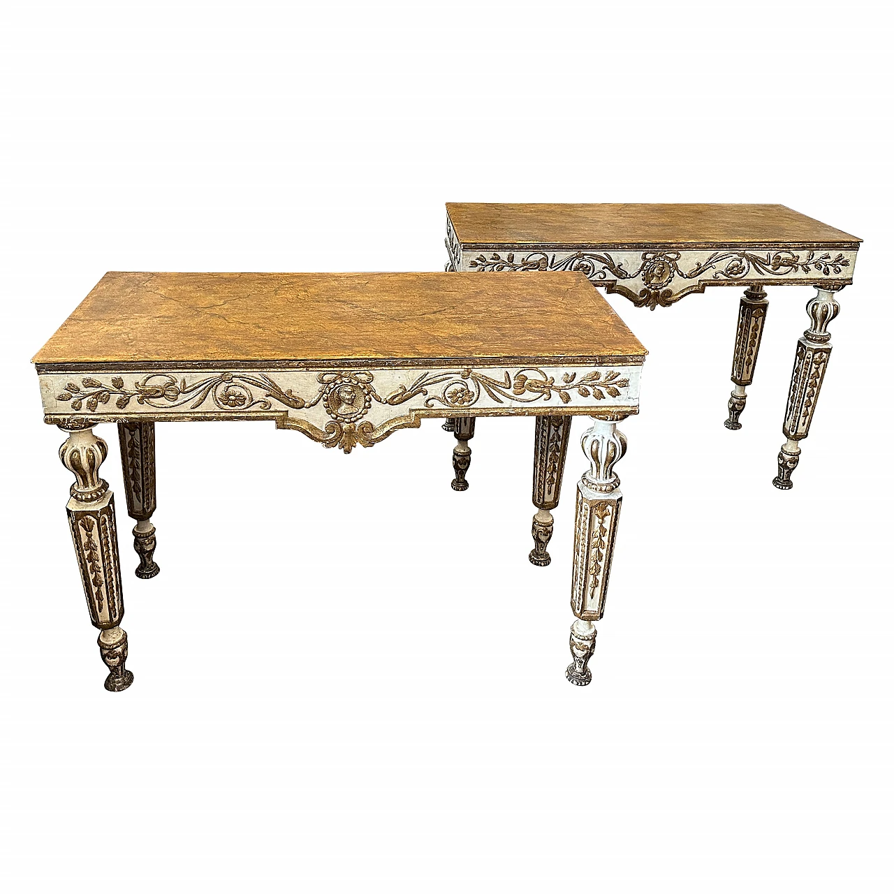 Pair of Louis XVI console tables in gilded lacquered wood,18th century 1