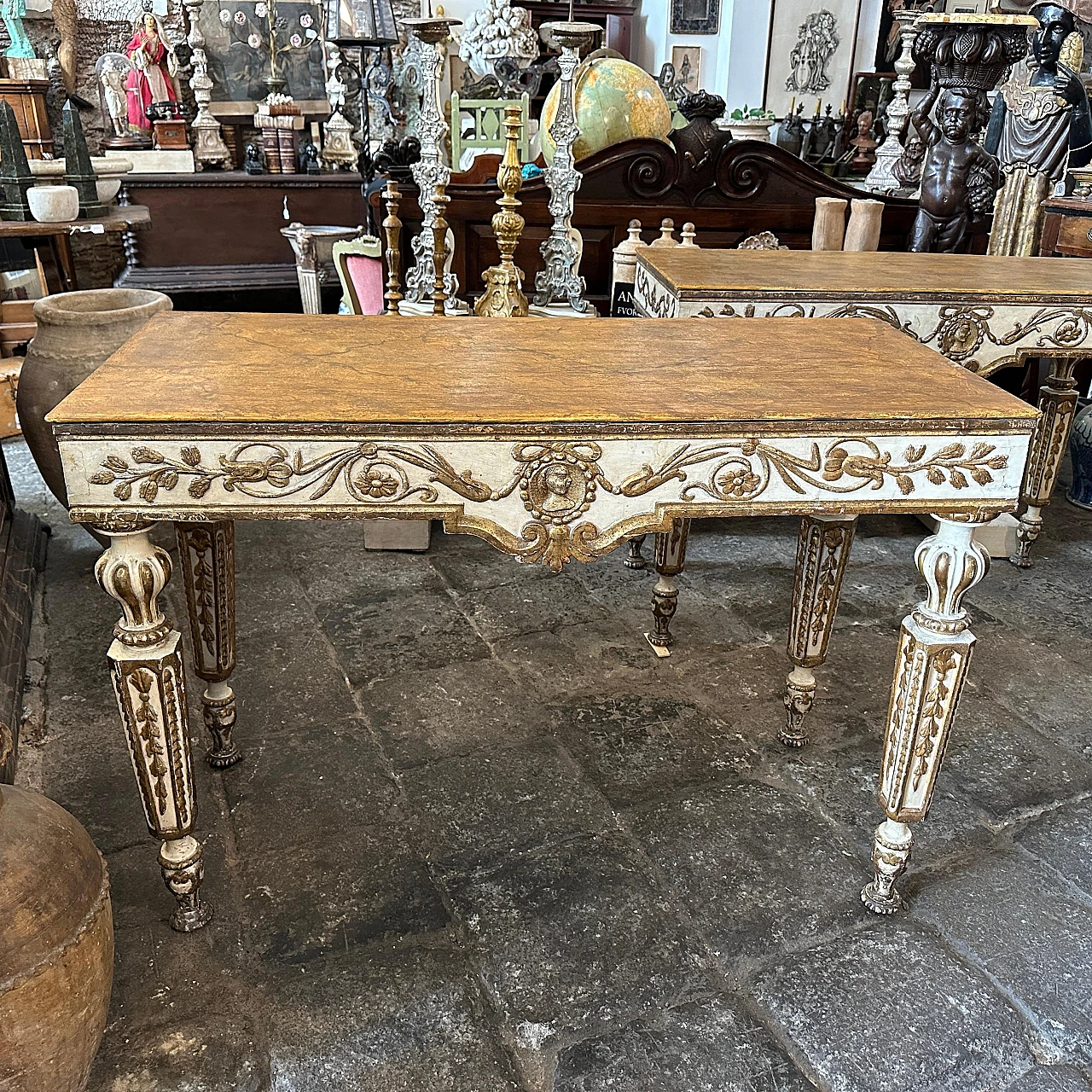 Pair of Louis XVI console tables in gilded lacquered wood,18th century 2
