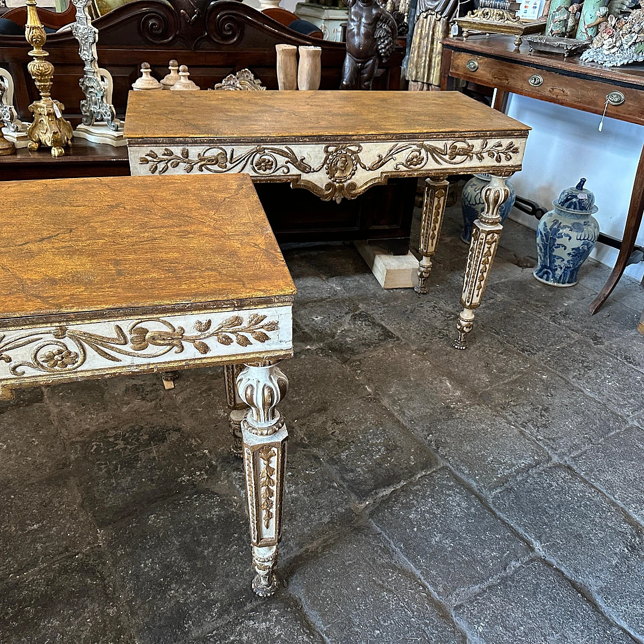 Pair of Louis XVI console tables in gilded lacquered wood,18th century 3