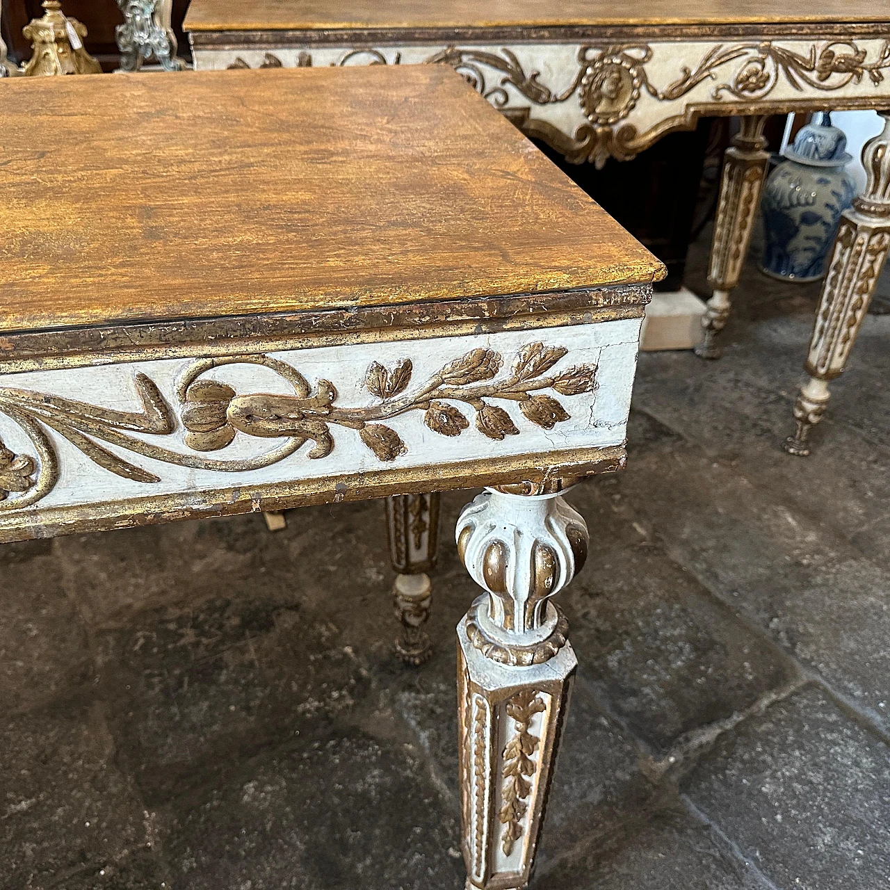 Pair of Louis XVI console tables in gilded lacquered wood,18th century 4