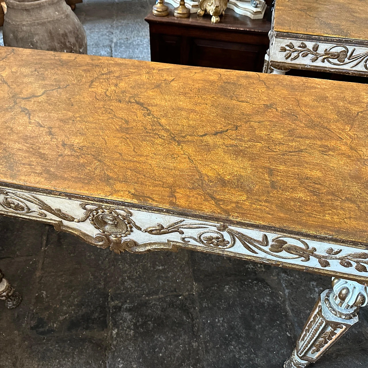 Pair of Louis XVI console tables in gilded lacquered wood,18th century 5