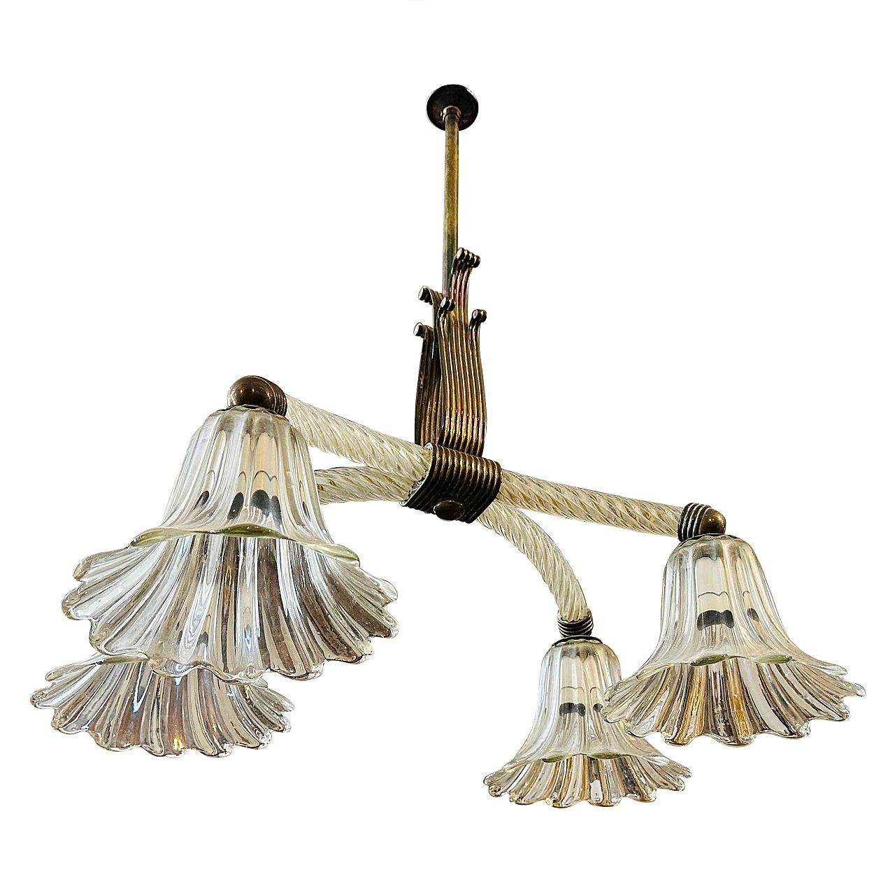 Lampadario in vetro di Murano e ottone di Ercole Barovier, anni '30 1