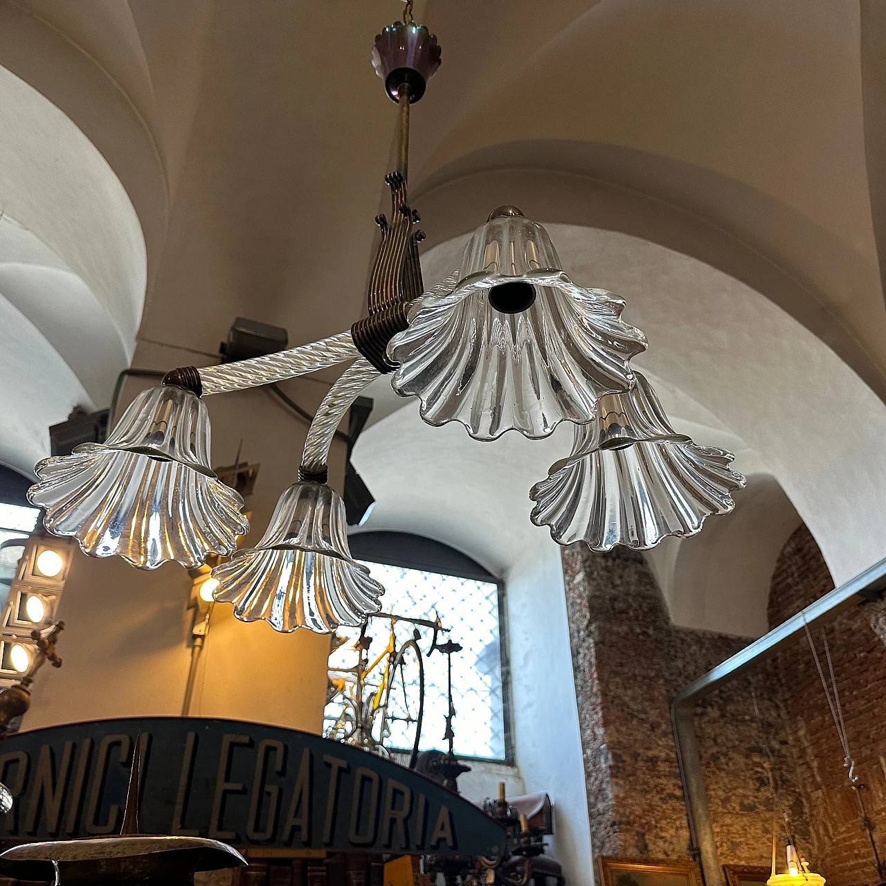 Lampadario in vetro di Murano e ottone di Ercole Barovier, anni '30 2