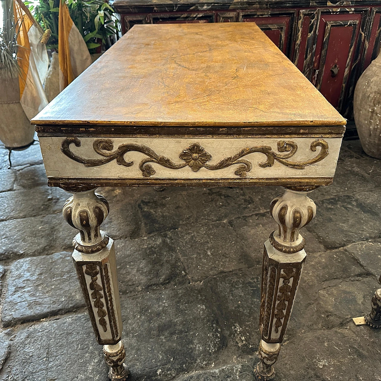 Pair of Louis XVI console tables in gilded lacquered wood,18th century 15