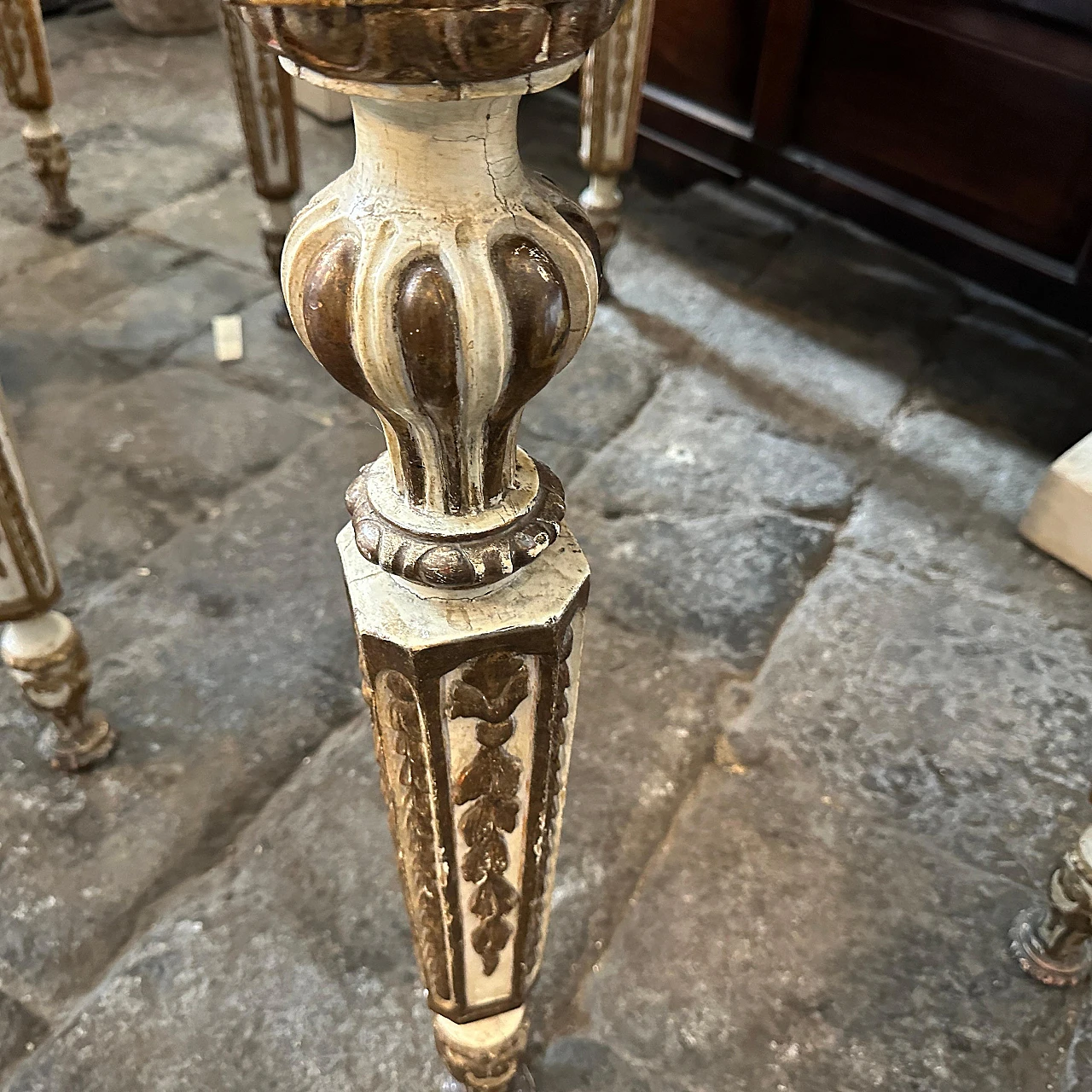 Pair of Louis XVI console tables in gilded lacquered wood,18th century 18