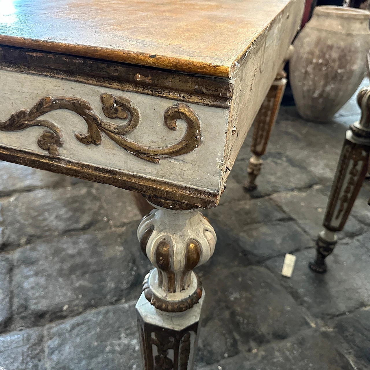 Pair of Louis XVI console tables in gilded lacquered wood,18th century 19