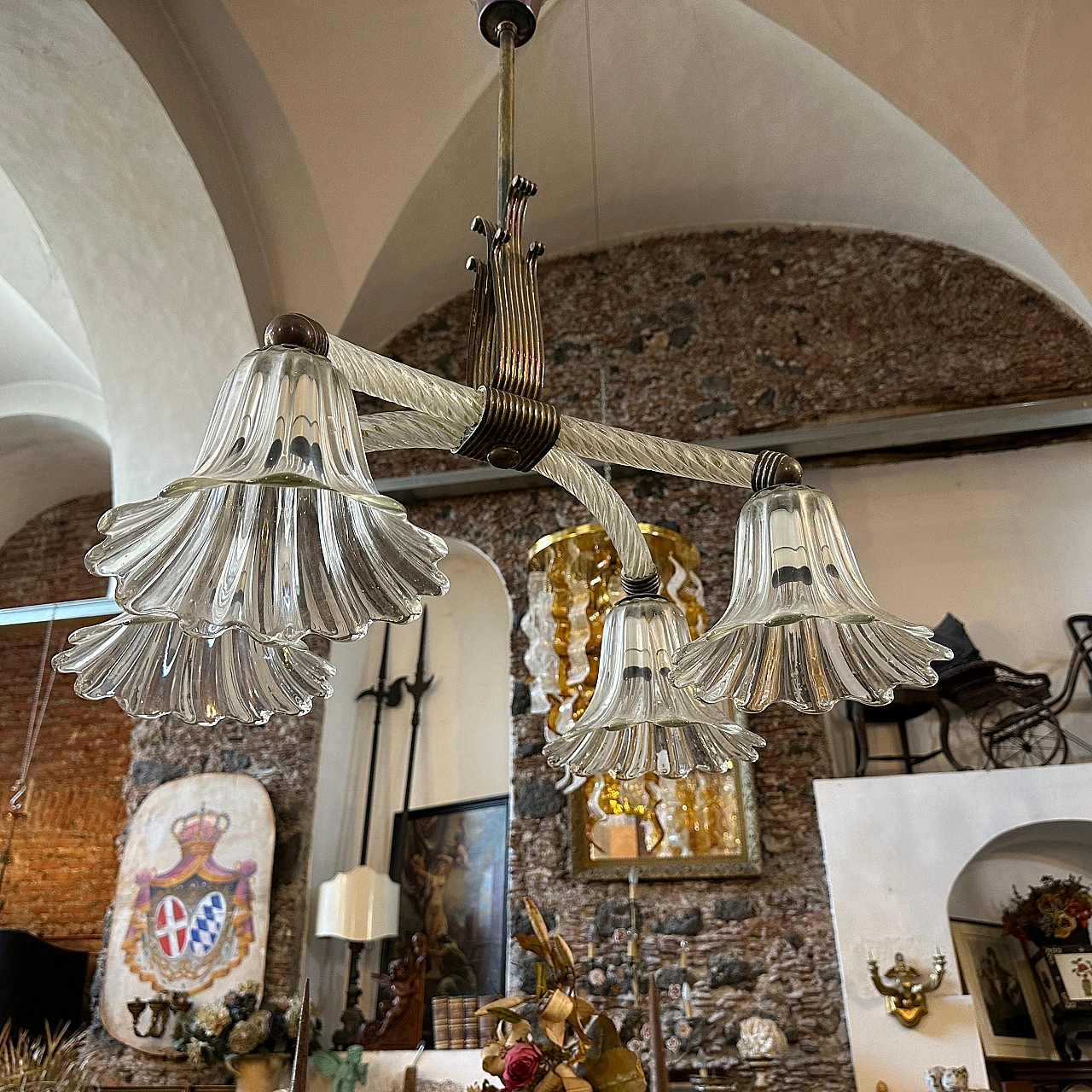 Lampadario in vetro di Murano e ottone di Ercole Barovier, anni '30 9