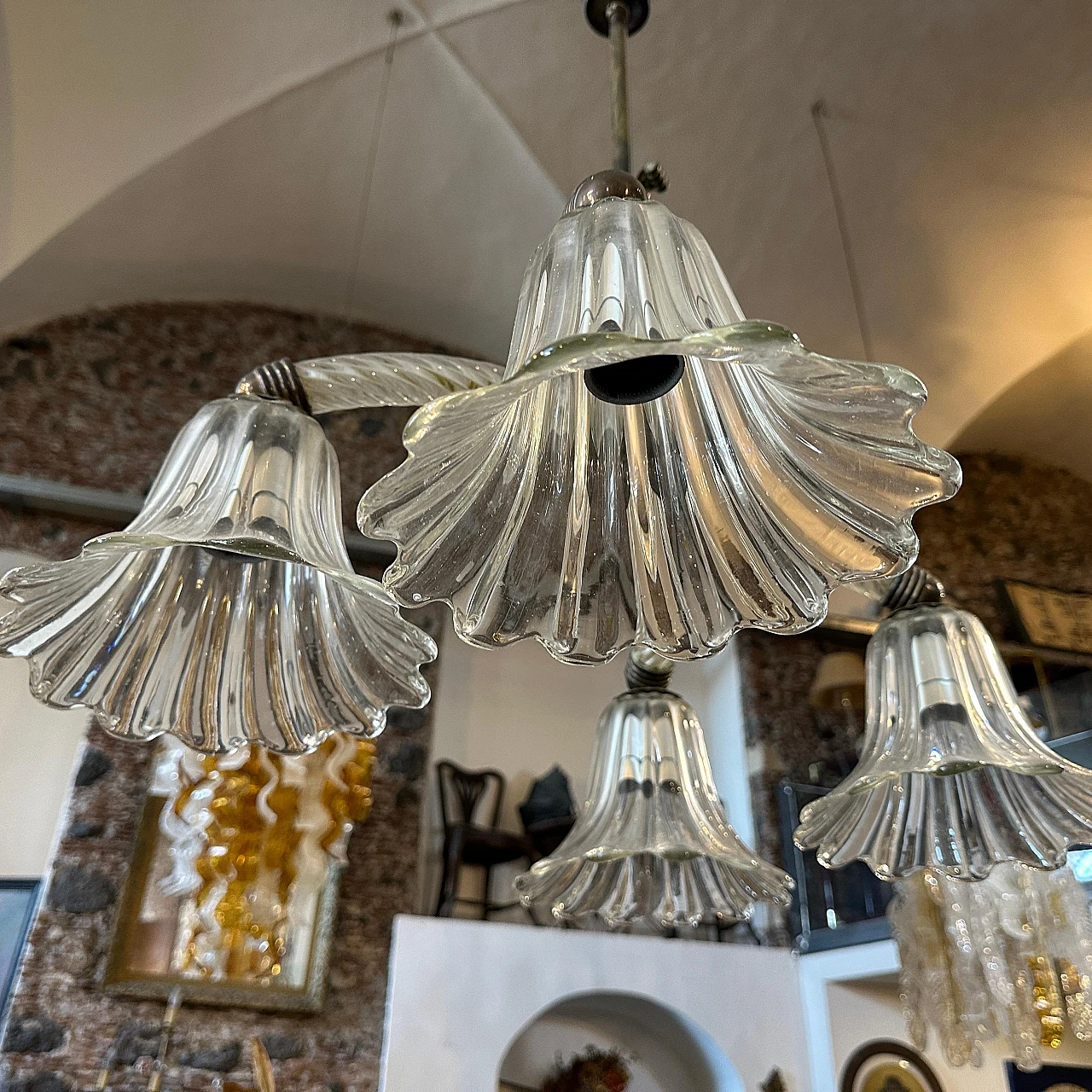 Lampadario in vetro di Murano e ottone di Ercole Barovier, anni '30 10