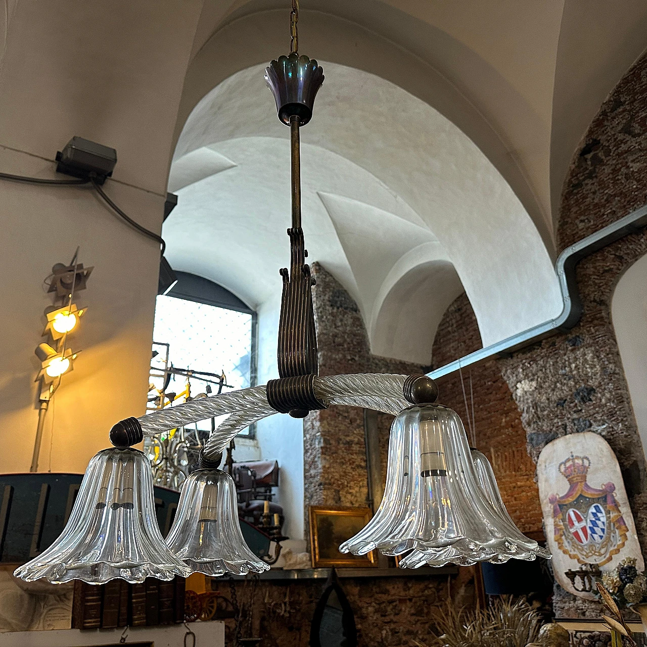 Lampadario in vetro di Murano e ottone di Ercole Barovier, anni '30 13