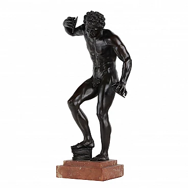 Faun with cymbals, bronze sculpture with marble base, 19th century