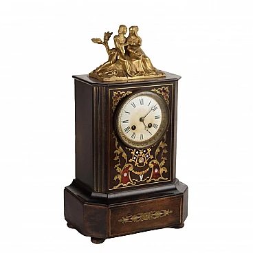 Wood clock with brass & mother-of-pearl inserts, 19th century