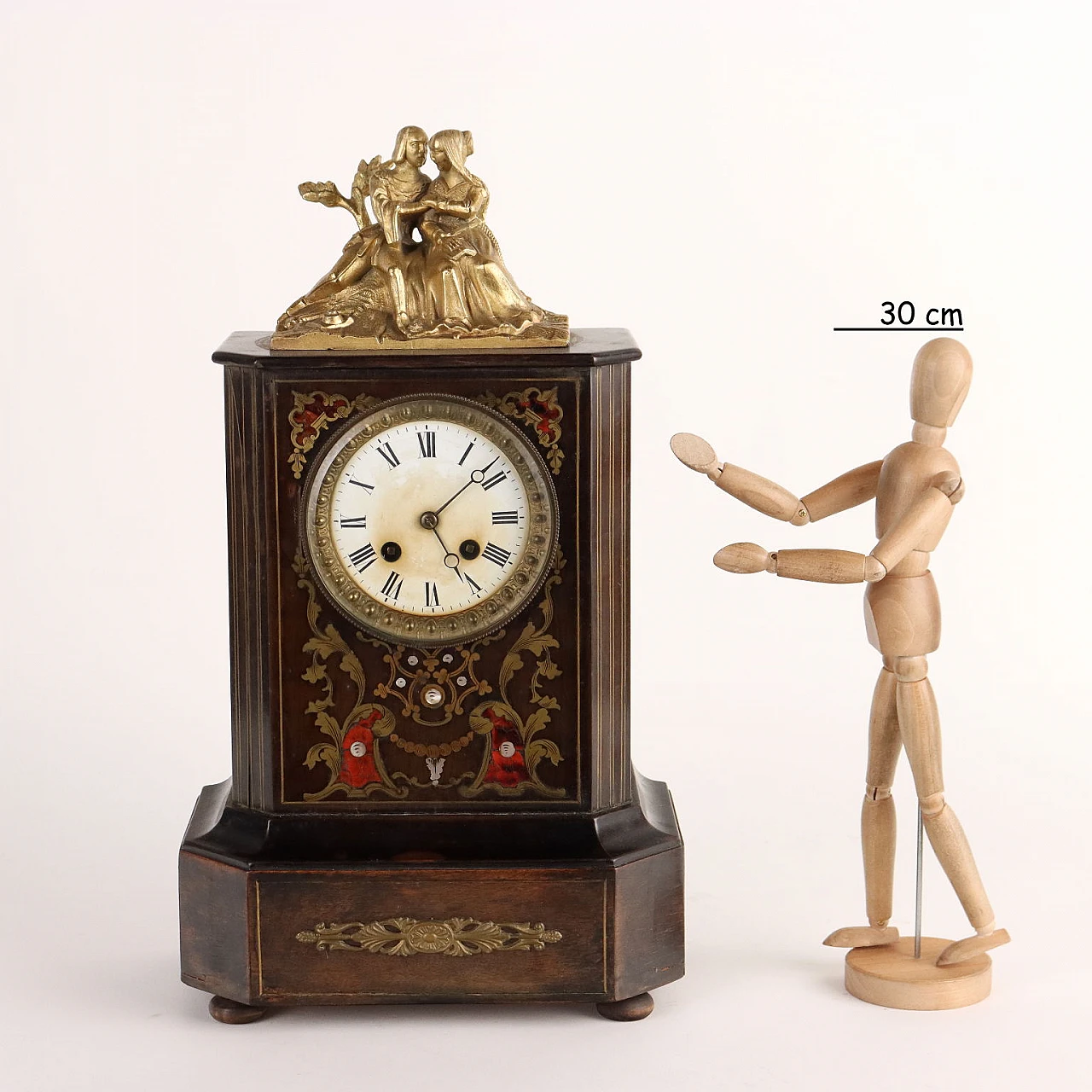 Wood clock with brass & mother-of-pearl inserts, 19th century 2