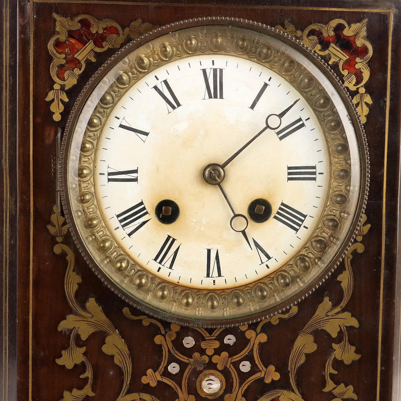 Wood clock with brass & mother-of-pearl inserts, 19th century 5