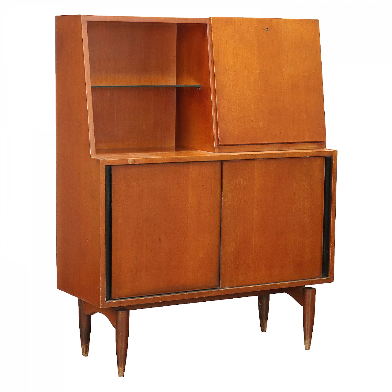 Teak veneered cabinet with sliding doors with open compartment and flap, 1960s 1