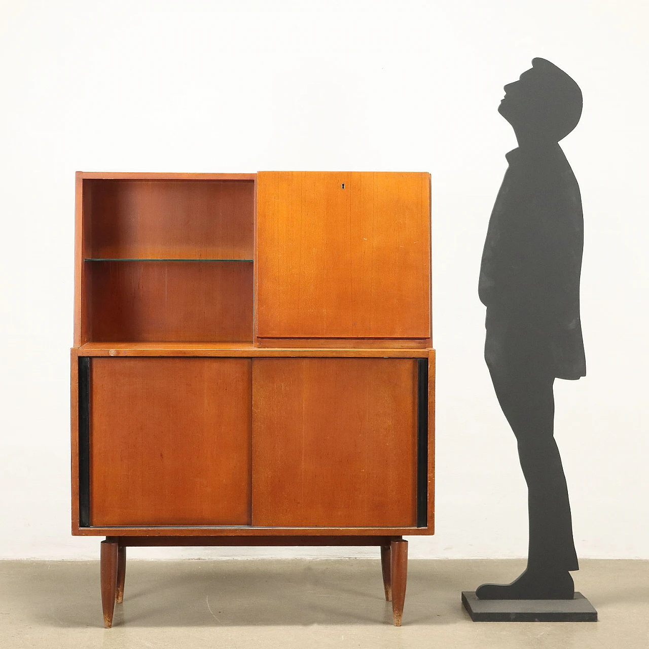 Teak veneered cabinet with sliding doors with open compartment and flap, 1960s 2