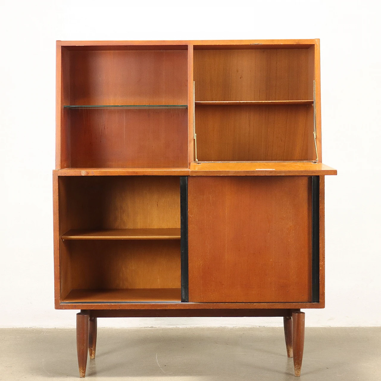 Teak veneered cabinet with sliding doors with open compartment and flap, 1960s 3