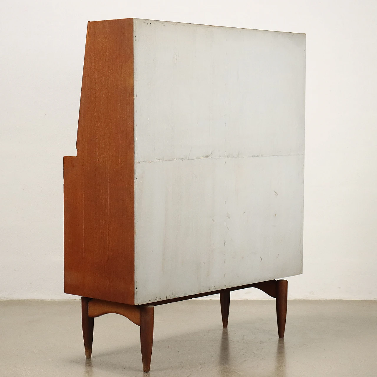 Teak veneered cabinet with sliding doors with open compartment and flap, 1960s 9