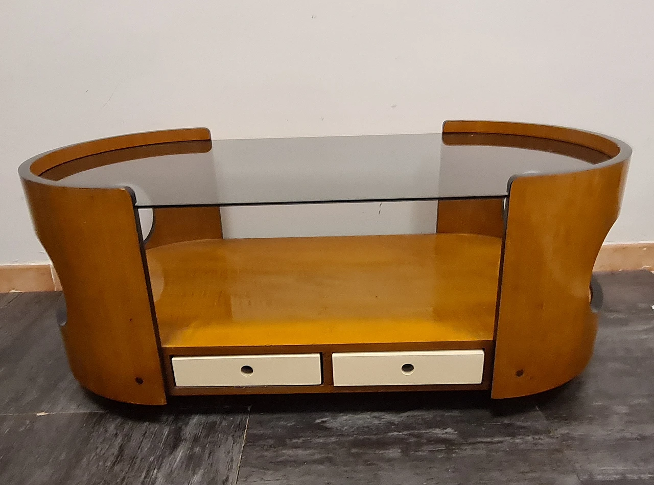 Wood and glass coffee table in the style of Joe Colombo, 1970s 1